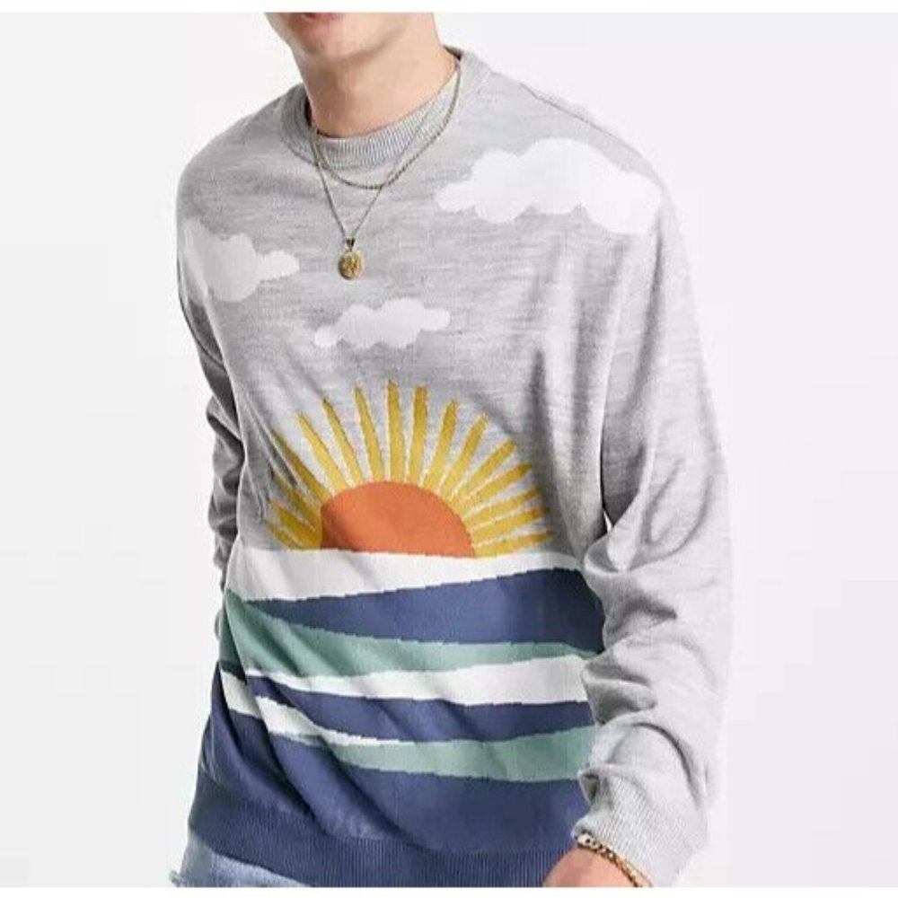 ASOS Gray Crewneck Sweater with Sunset and Wave Graphic